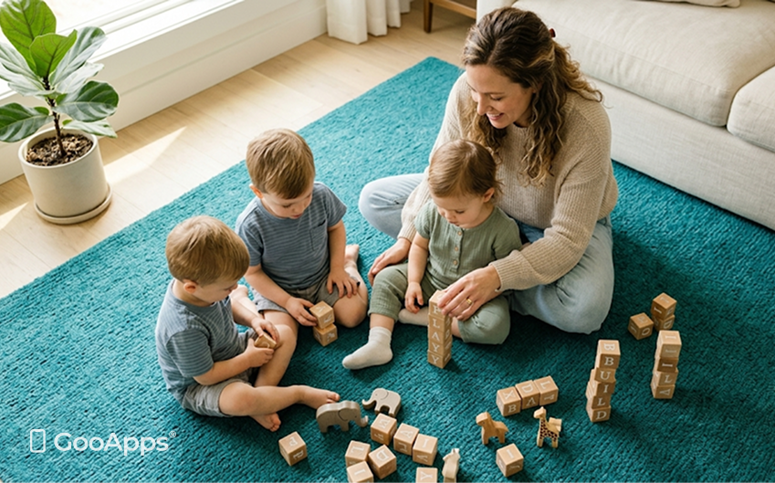 Vista desde un ángulo elevado de una madre sonriente jugando con tres niños pequeños sobre una alfombra de color turquesa. Están rodeados de bloques de madera de juguete en un salón acogedor y luminoso, bañado por la luz natural que entra por un ventanal.